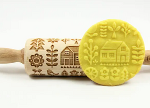 Handmade SCANDINAVIAN FOLK junior engraved rolling pin for cookies, embossing rolling pin by laser, gift for kids