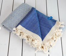 Load image into Gallery viewer, Handmade Queen size cotton blanket, high quality handmade blanket, turkish cotton blanket, throw blanket, blue blanket, sofa blanket, cotton throw