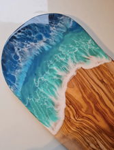 Load image into Gallery viewer, Large Blue Ocean Olive Wood Chopping Board Cheese / Charcuterie / Serving Kitchen Accessory Food Gift Home Beach Decor Modern Dining Room