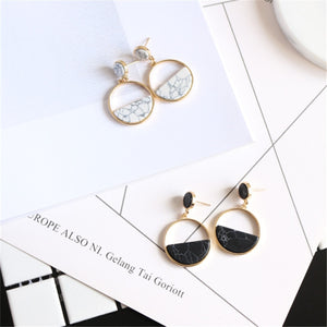 Geometric circular marble long earrings